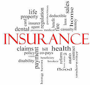 Collage of words relating to insurance such as health, claims, property, ect.