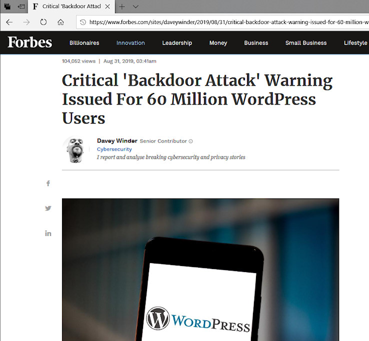 Forbes Reports Critical 'Backdoor Attack' Warning Issued For 60 Million WordPress Users